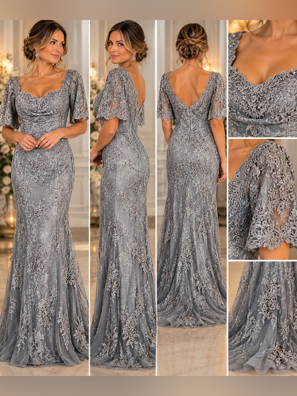 La Femme Size 12 Gray Lace Embellished Formal Evening Gown